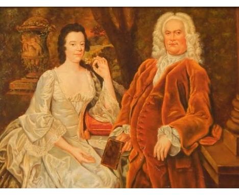 20thC Regency School.  Husband and wife formal portrait, oil on board, 29.5cm x 39.5cm.