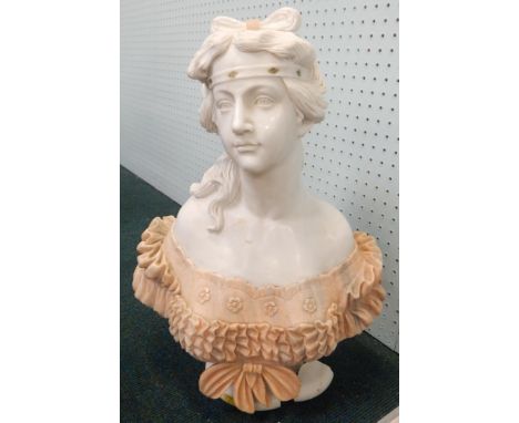 A classical design portrait marble finish bust of a lady, in two colours, quarter profile dressed in finery, 62cm high.