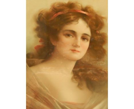 After Maurice Randal.  Portrait of a lady, chromolithograh, in a contemporary painted velvet lined frame, 74cm x 60cm overall
