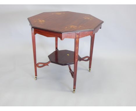 An Edwardian mahogany and simulated and marquetry occasional table, the octagonal top decorated with transfer printed Art Nou