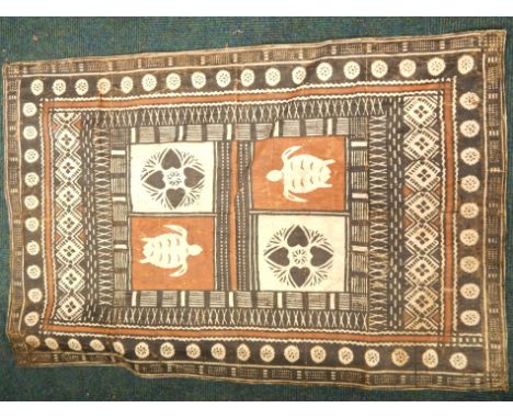 Tribal Art.  A Samoan or South Sea Island tapa cloth, decorated with turtles, hearts and other geometric devices, 91cm x 59cm