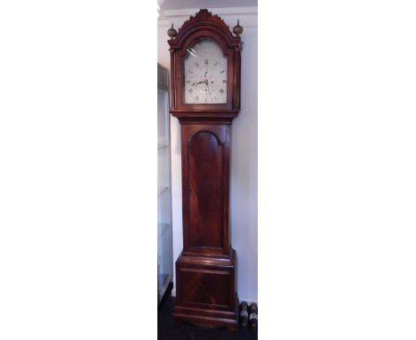 Greenhill, Saint Albans. An early 19thC longcase clock, the arched silvered dial with Roman numerals, with an eight day, four