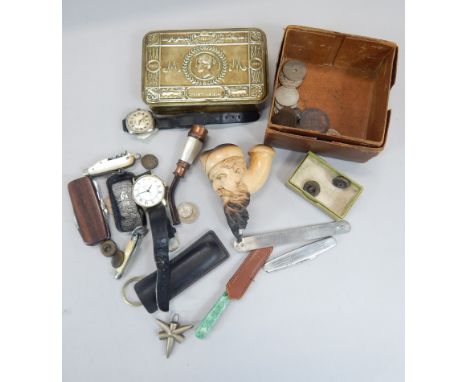 Various collectables, to include a Meerschaum pipe carved with a gentleman with a fez and a beard, Trench Art, pen knives, WW