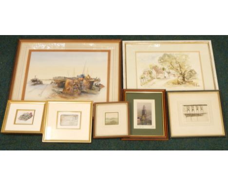 R P Milliken.  Coastal scene with boats etc., watercolour, another watercolour of Oxton village, Nottinghamshire by E D Parr,