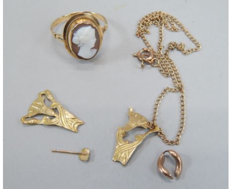 Two items of jewellery, to include a 9ct gold cameo ring, and a pendant and chain. 