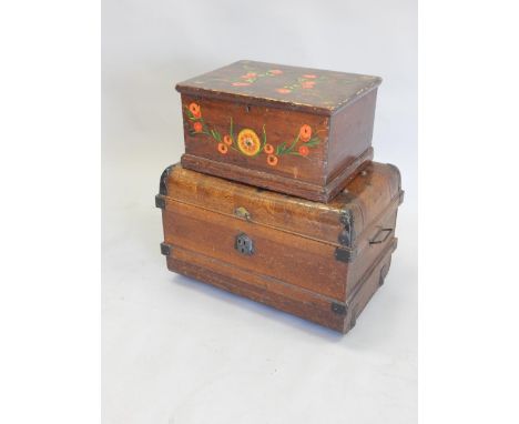 A Victorian later painted and stained pine small blanket box, and a tin trunk with original stylised wood grain decoration, 6