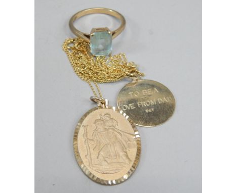 *Various 9ct gold jewellery, to include a dress ring, two St Christopher pendants and chains, 8.8g.