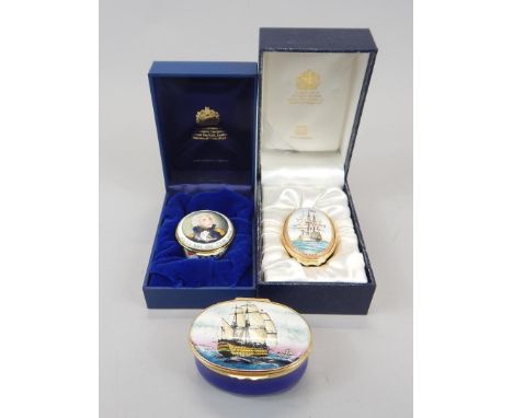 Three Halcyon Days enamel boxes, each made to commemorate Admiral Lord Nelson, one with lid decorated with HMS Victory, anoth