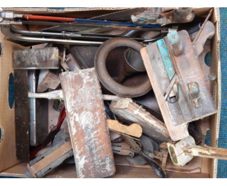A quantity of wooden block planes, brass blow torches, saws and other tools etc.