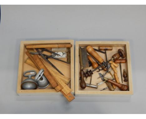 Various tools, to include a hand brace, saw, box of rules etc.