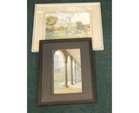 Austin Garland.  View of Lincoln Cathedral from The Adam & Eve yard, watercolour, 28cm x 38cm and a watercolour of Lincoln Ca
