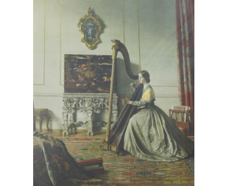 After Campbell Payton.  Lady playing harp, artist signed coloured print, published 1937 by Frost and Reed Limited.