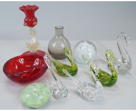Miscellaneous glass, to include a Caithness type paperweight, candlestick etc.