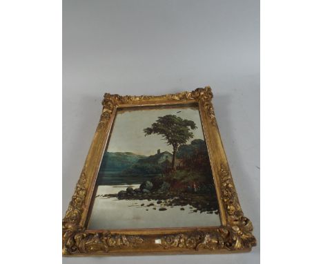 A 19th Century Gilt Framed Hand Painted Mirror Depicting Lake Side Cottage and Tree with Figures to The Foreground. 