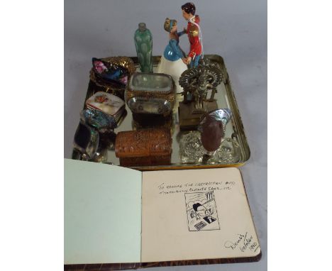 A Tray of Sundries to Include Clockwork Prince Charming Dancers, Autograph Album, Paua Shell Cruet, Carved Needle Box Enamel 