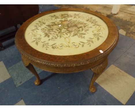 An Edwardian Circular Walnut Coffee Table on Cabriole Legs with Tapestry Top. 