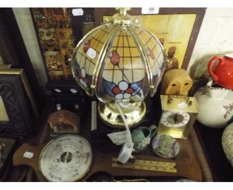 A Tray Containing Musical Piano, Touch Lamp, Barometer, Icon Prints Etc. 