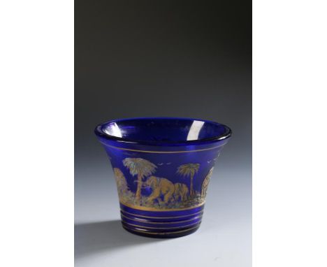 MOSER: A BLUE AND GILT VASE with a panel of acid-etched and gilt decoration of elephants amongst trees, with etched mark to t