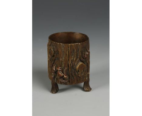A JAPANESE METALWORK MINIATURE TRIPOD VESSEL in the form of a tree trunk with crabs climbing on it, signed Koumin, Meiji, 2.5