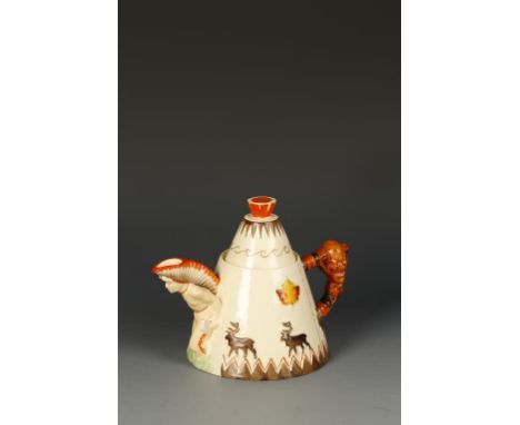 A CLARICE CLIFF FOR NEWPORT POTTERY TEAPOT AND COVER of "wigwam" form, with painted relief decoration of moose and maple leav