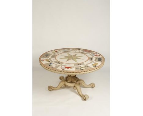 A VICTORIAN CIRCULAR BREAKFAST TABLE, on a turned and carved column with four downswept legs with leaf carved decoration and 