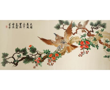 A LARGE CHINESE SILK-EMBROIDERED PANEL decorated in polychrome with birds of prey perched on a blossoming branch, with a poet