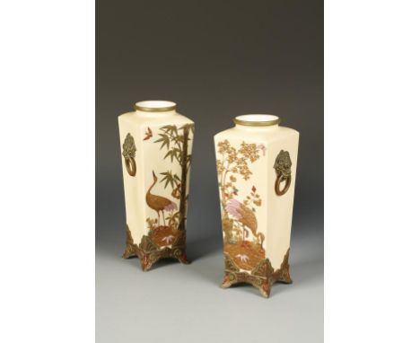 A PAIR OF VICTORIAN ROYAL WORCESTER JAPANESE AESTHETIC MOVEMENT PORCELAIN VASES of square tapering form, with gilt and painte