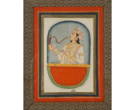 INDIAN ARTIST, mid-19th century A portrait of a princess smoking a hookah pipe, probably Jaipur, gouache and gilt  Provenance
