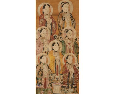 CHINESE ARTIST, Qing Dynasty A hanging scroll showing seven female Immortals, each with polychrome robes, ink and colour on p