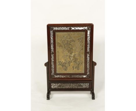 A CHINESE BRONZE/BRASS TABLESCREEN, the rectangular panel decorated in relief with warriors in combat beside a building, with