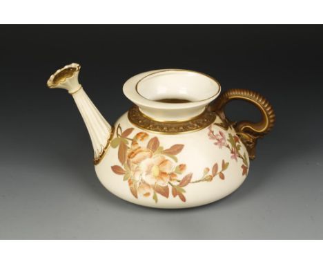 A LATE VICTORIAN ROYAL WORCESTER PORCELAIN WATERING CAN of squat form, with a dragon scroll handle and painted floral decorat