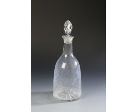 A REGENCY CLEAR GLASS MALLET-FORM DECANTER with spiral stopper, above a straight-sided body with reeded base and indented und