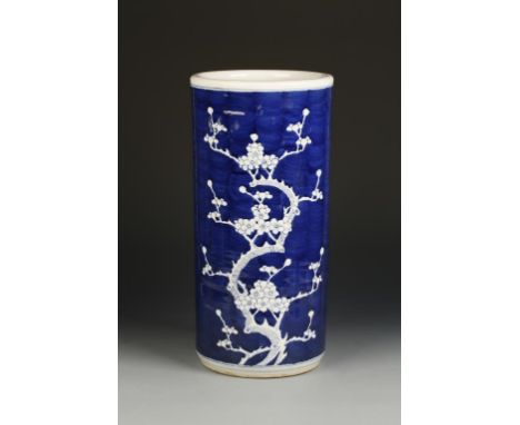 A LARGE CHINESE BLUE AND WHITE STICK STAND decorated with prunus blossom, 18" high  Provenance: The Collection of the Late Jo