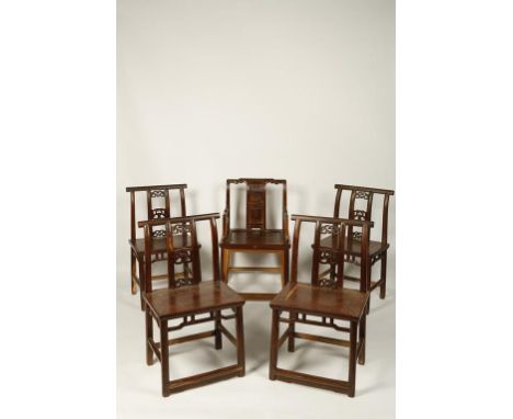 FIVE CHINESE ZHAZHENMU CHAIRS comprising one armchair and four standard examples, the armchair with a scroll-form back and ar