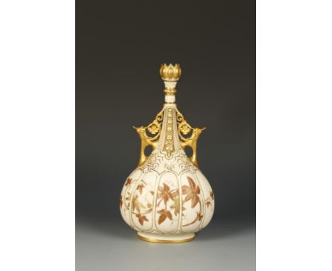 A LATE VICTORIAN ROYAL WORCESTER PORCELAIN VASE of classical form, with gilt floral scroll handles and painted with red and g