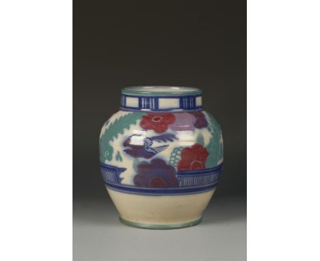 A CARTER, STABLER AND ADAMS POOLE POTTERY VASE, the shape and Bluebird pattern designed by Truda Adams and bearing the painte