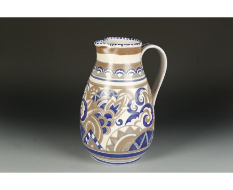 A LARGE CARTER, STABLER AND ADAMS POOLE POTTERY JUG, in a blue, grey and brown stylised leaf and arch pattern possibly painte