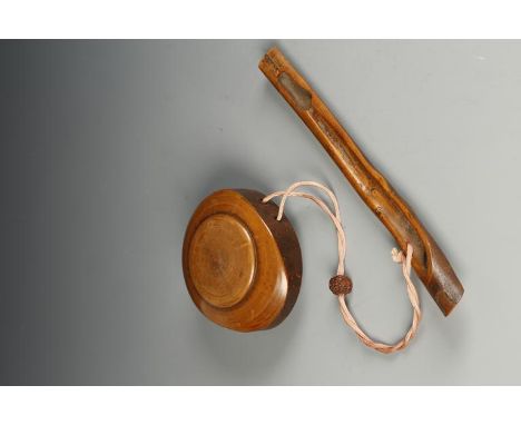 A JAPANESE WOOD TOBACCO BOX AND PIPE HOLDER of plain, naturalistic form, Meiji, the tobacco box 3.25" across, the pipe holder