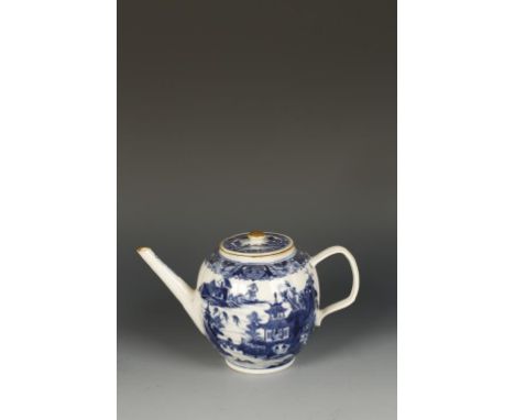 A LARGE CHINESE BLUE AND WHITE TEAPOT, the ovoid body decorated with figures and pavilions in a lake and mountain landscape, 