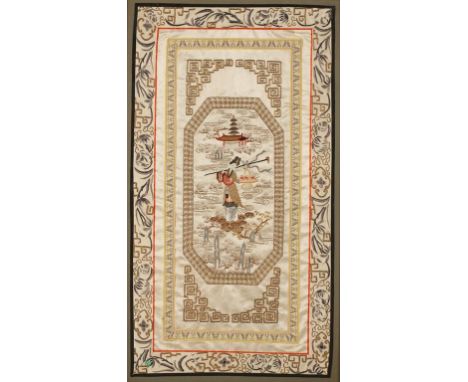 A CHINESE SILK-EMBROIDERED PANEL, the central octagonal panel with a female figure, within multiple borders, Qing, 25" x 13.5
