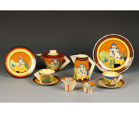 A CLARICE CLIFF APPLIQUE BIZARRE TEA SERVICE painted in the "Lucerne" pattern, the underside with printed black mark and vari