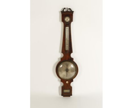 A GEORGE III MAHOGANY WHEEL BAROMETER, by A. Gilardoni, Bristol, with a scrolling pediment above a dry/damp gauge, thermomete