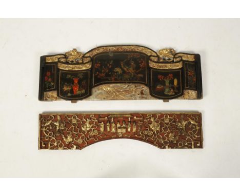 TWO CHINESE GILTWOOD PANELS, one of blanket-fold form, decorated with birds and other motifs on lacquer, Qing, 36" long; the 