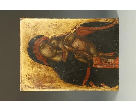 A RUSSIAN ICON: VIRGIN AND CHRIST CHILD, in red fringed cloak, against a gold ground with various inscriptions and detailing,