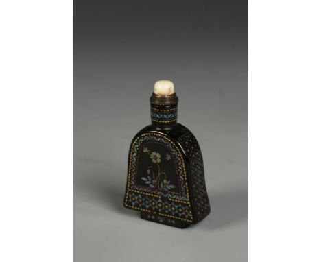 A LAC BURGAUTE SNUFF BOTTLE of flattened tapering form, each side with a flower panel on a diaper ground, late Qing/Republic,