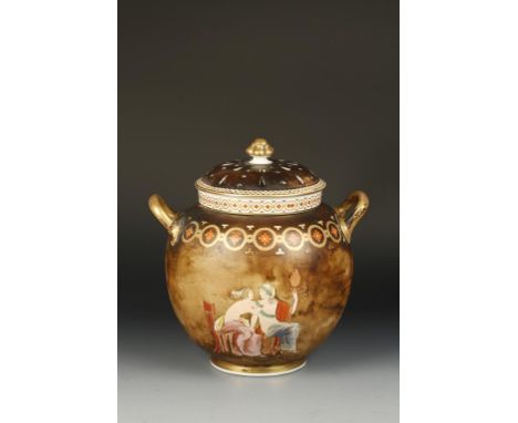 A 19TH CENTURY POTTERY VASE AND COVER of squat form, in the Etruscan style, with gilt twin handles and seated figure, with ch