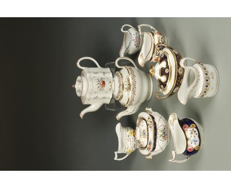 A LATE 18TH/EARLY 19TH CENTURY NEWHALL PORCELAIN SILVER SHAPED TEAPOT, painted with floral decoration, one other teapot, two 