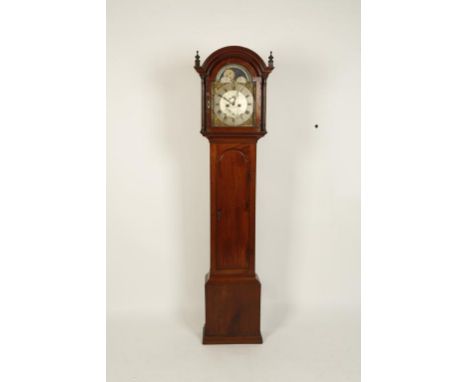 A GEORGE III MAHOGANY LONG CASE CLOCK, the silvered dial signed 'Edward Renouf, Jersey', with subsidiary seconds dial and dat