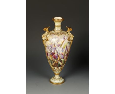 A LATE VICTORIAN ROYAL WORCESTER PORCELAIN VASE by Frank Roberts, of tapering ovoid form, moulded with classical griffin hand