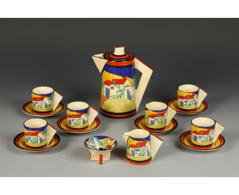 A CLARICE CLIFF APPLIQUE BIZARRE PART COFFEE SET decorated in the "Lugano" pattern, the undersides with printed Bizarre mark 